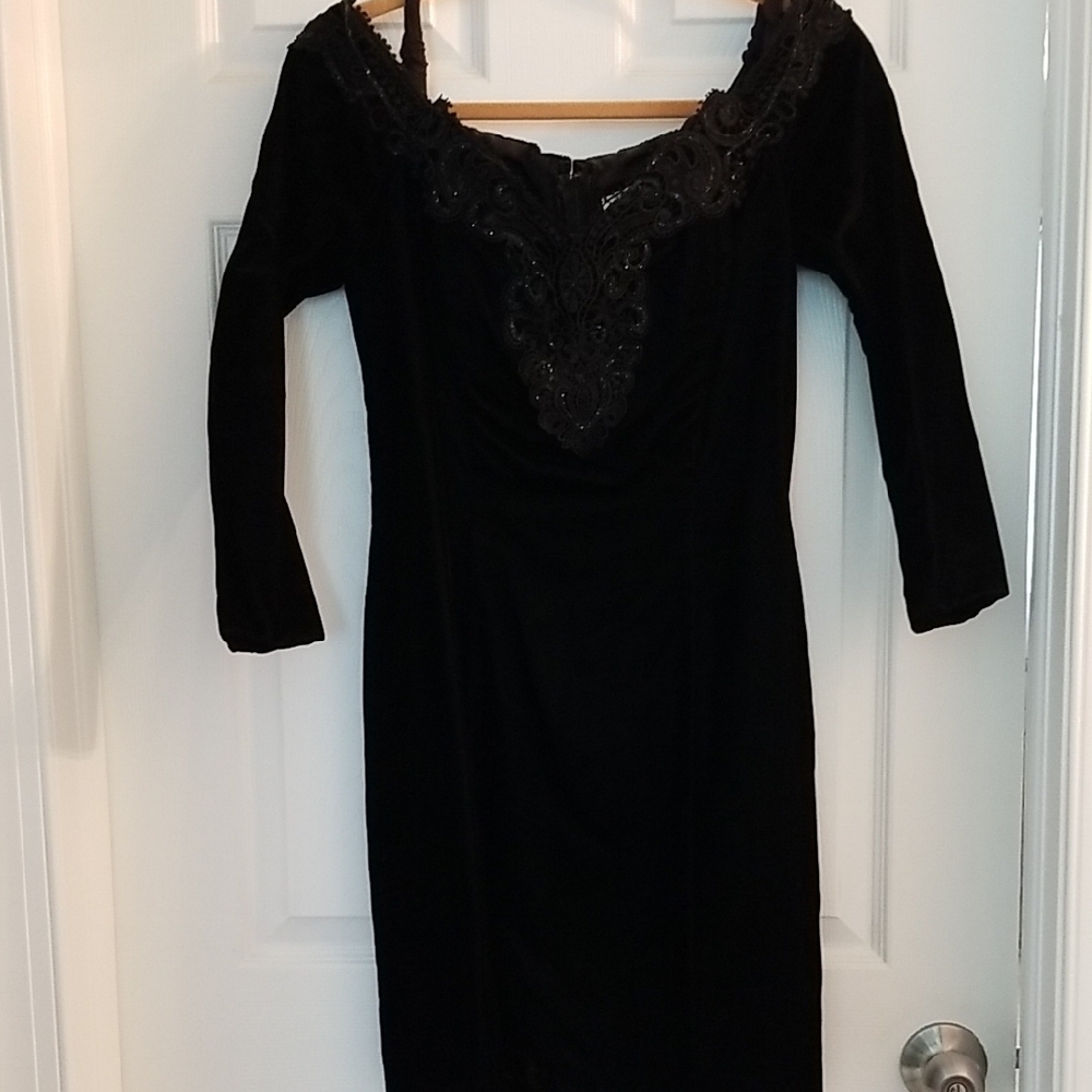 Moda International Black Velvet Off Shoulder Long Sleeve Dress With Sequins Neck